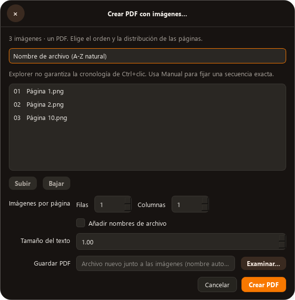 FilePetal image-to-PDF dialog with page ordering controls